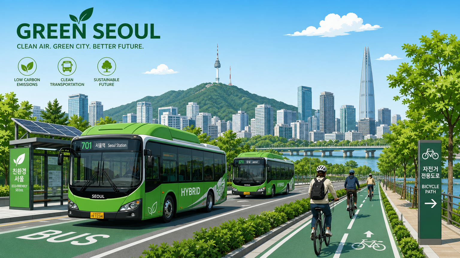 하이브리드 버스와 자전거 도로가 있는 녹색 도시 서울 풍경 이미지