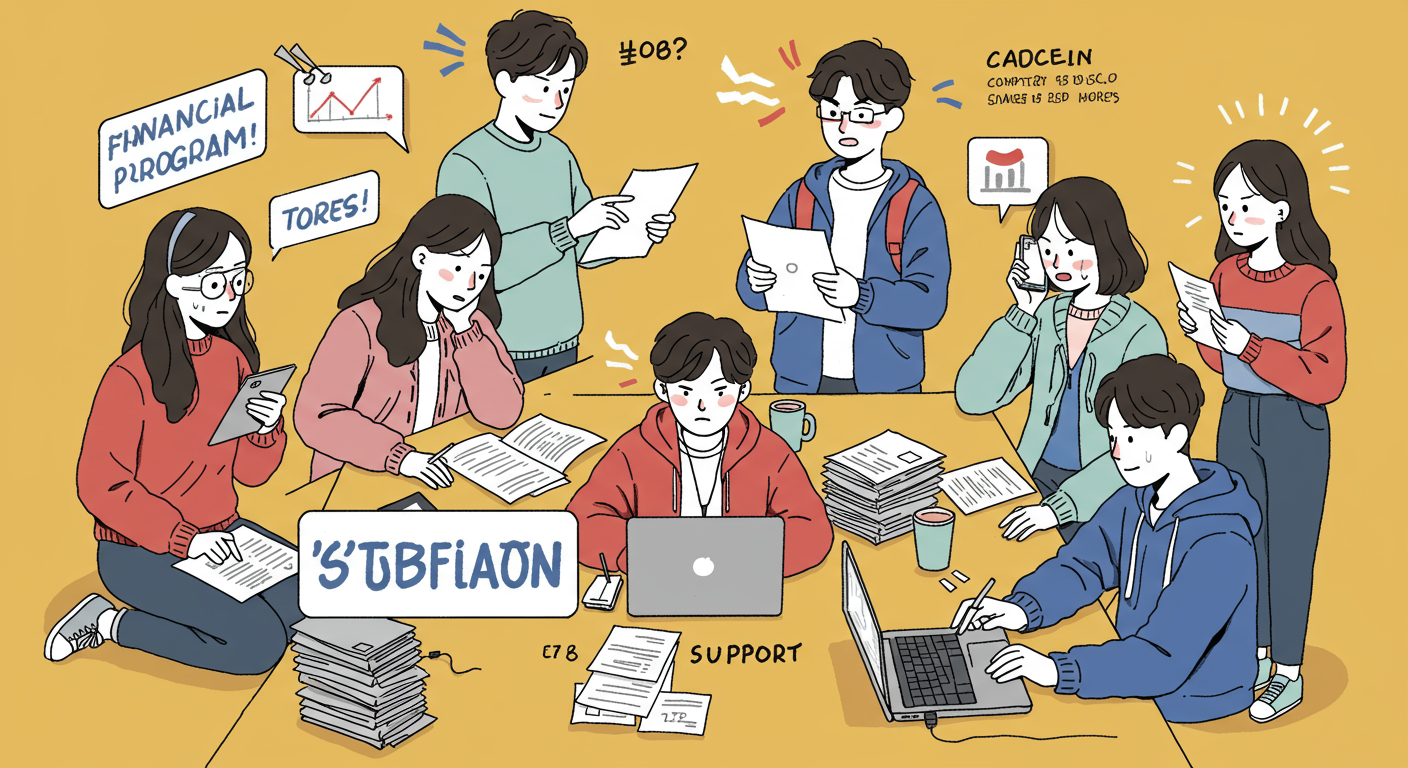 금융 지원 프로그램을 위해 치열하게 경쟁하는 젊은이들의 모습