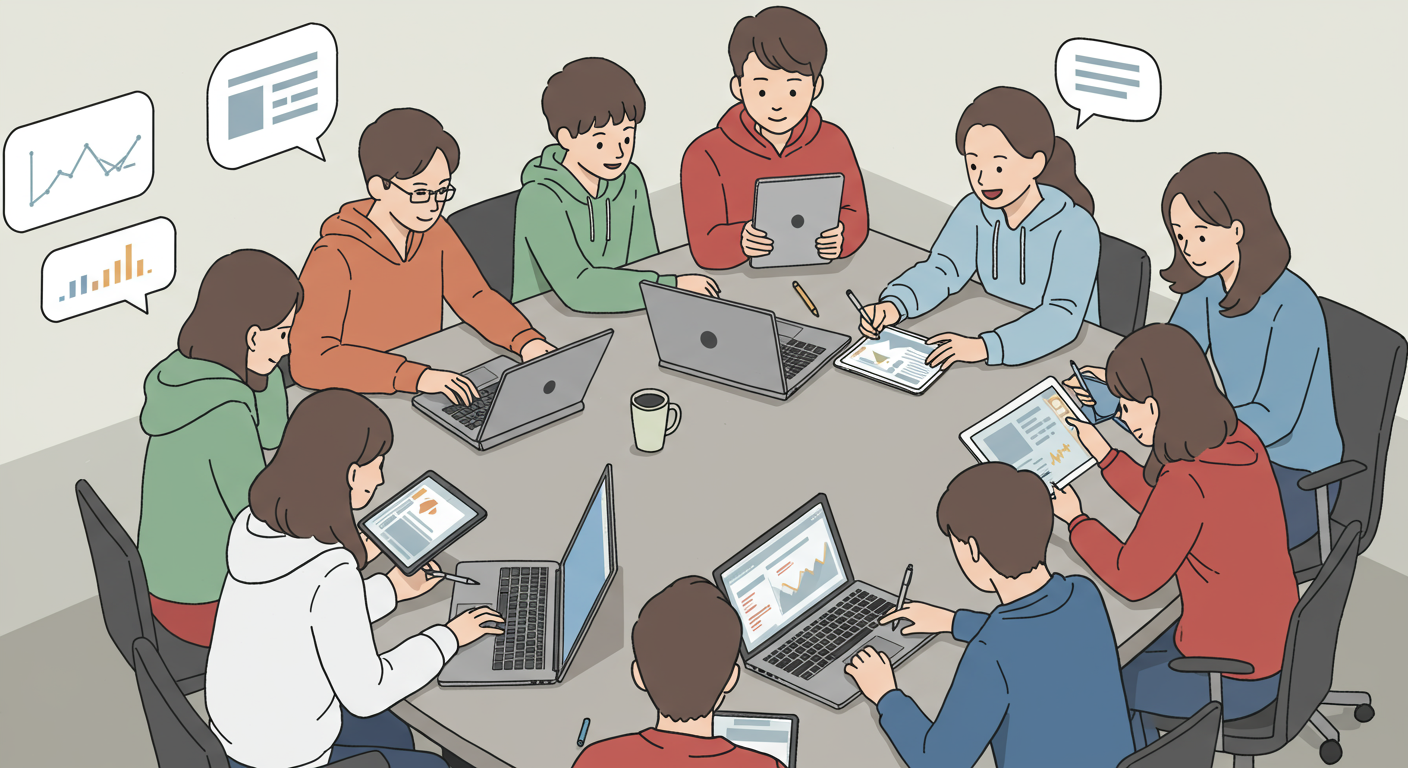 다양한 기준을 평가하며 전략을 논의하는 젊은이들