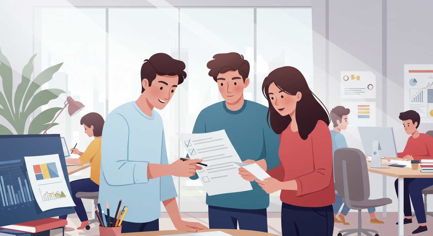 사무실에서 서류와 체크리스트를 검토하는 젊은 성인들