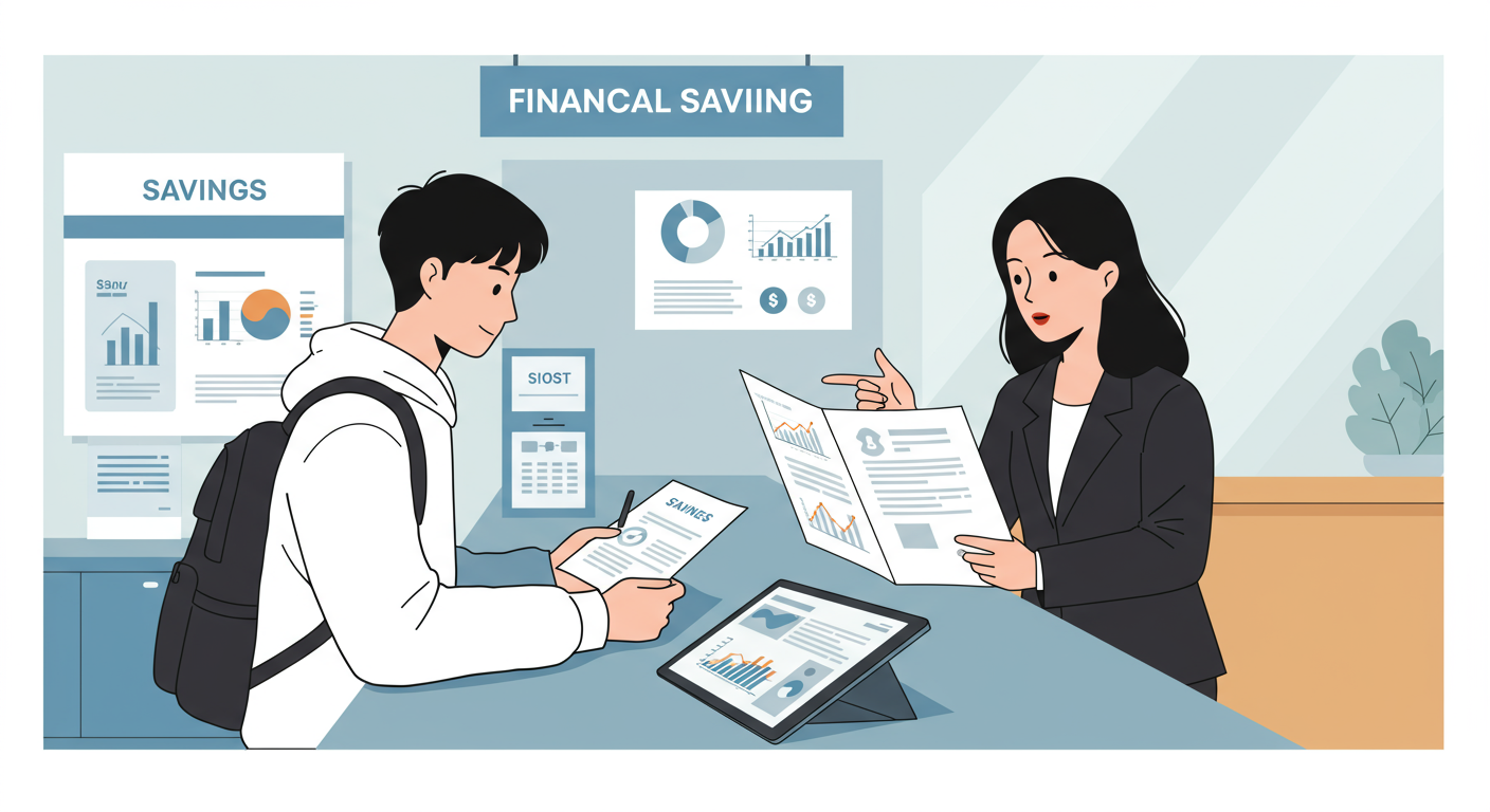 은행 카운터에서 다양한 저축 계획을 분석하는 모습