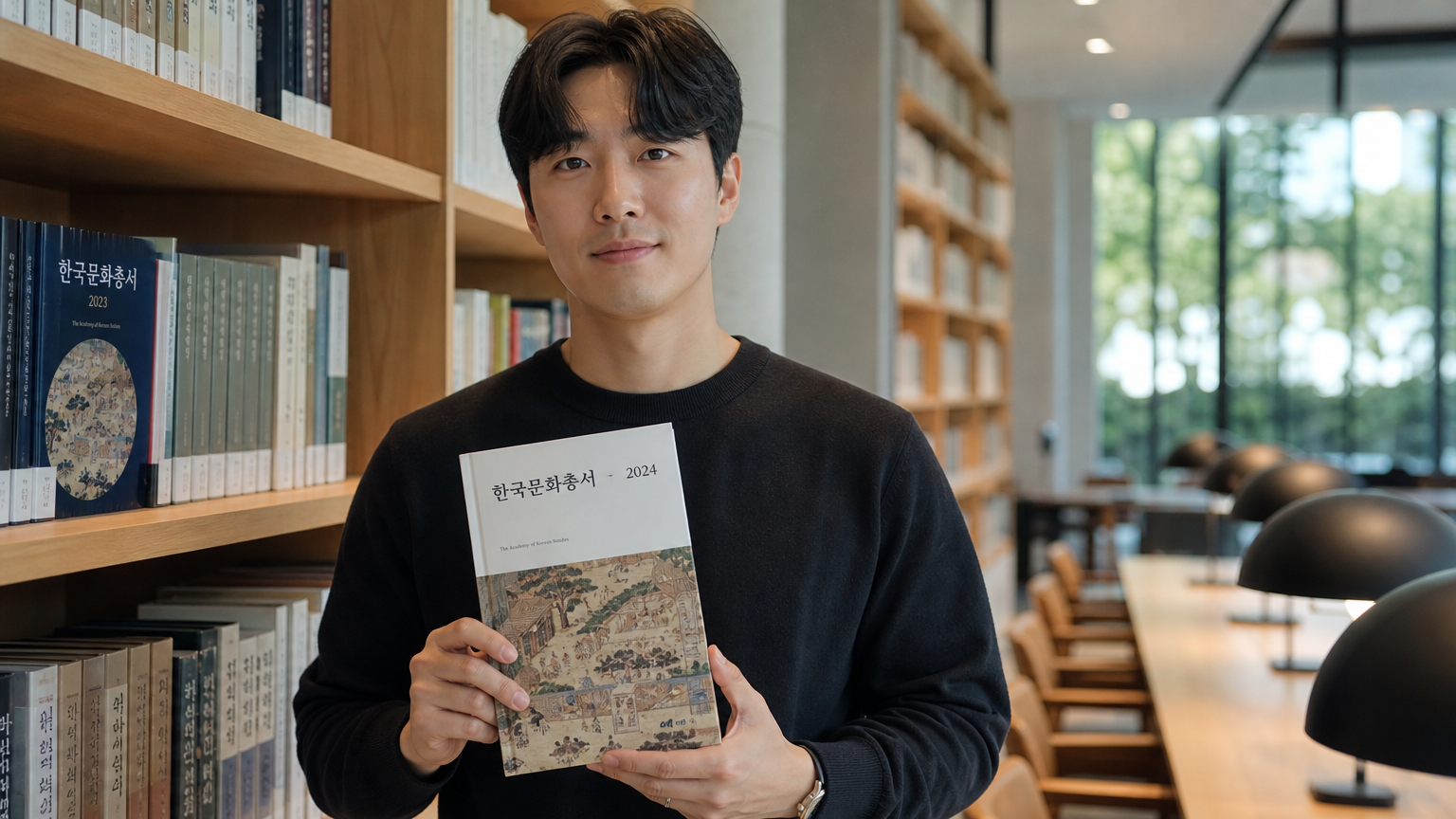 현대적인 도서관에서 유홍준 교수의 최신 개정판을 들고 있는 한국 남성