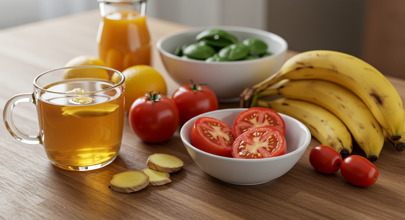 주방 테이블 위에 생강차, 토마토, 바나나와 같은 항염증 식품들이 놓여 있는 모습