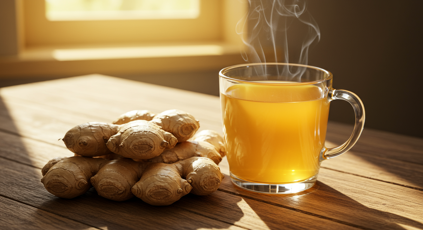 따뜻한 햇살이 비치는 창가의 나무 테이블 위에 신선한 생강과 함께 놓인 뜨거운 생강차 한 잔