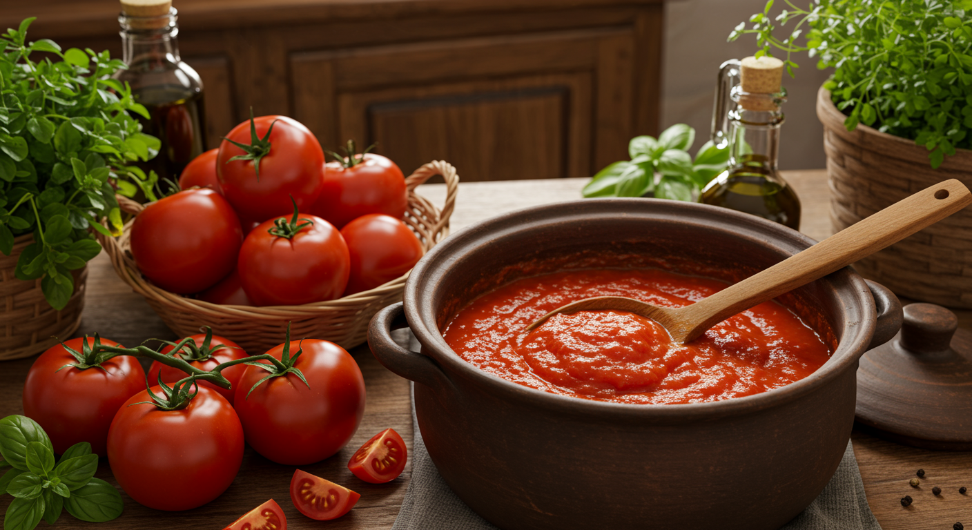 자연광 속에서 허브와 함께 놓인 잘 익은 토마토와 토마토 소스가 있는 시골풍 주방 풍경