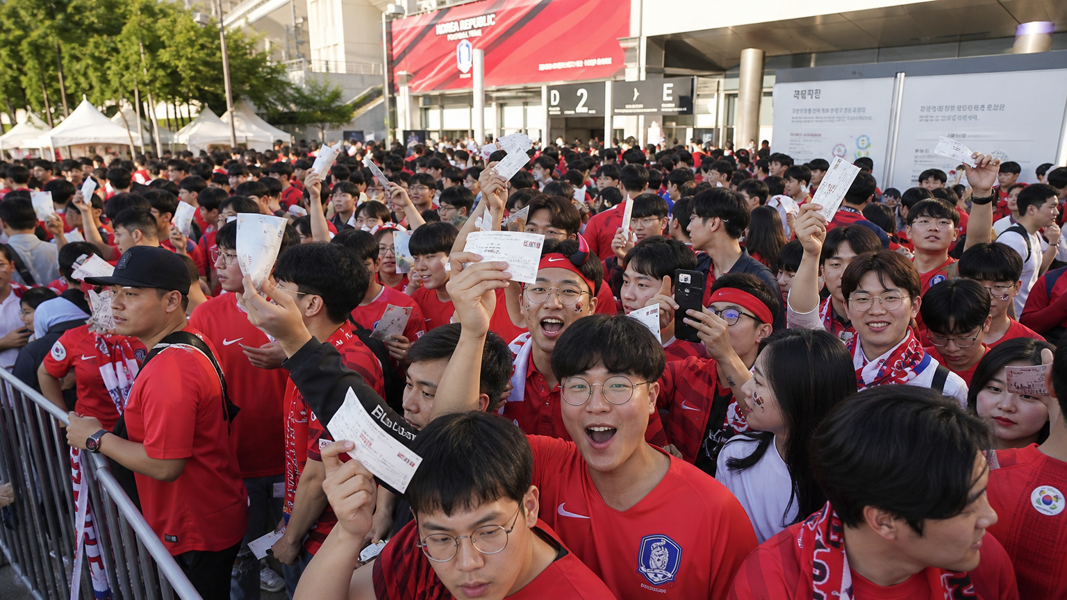 한국 축구 팬들이 경기장 입구에서 티켓을 들고 기대에 찬 모습