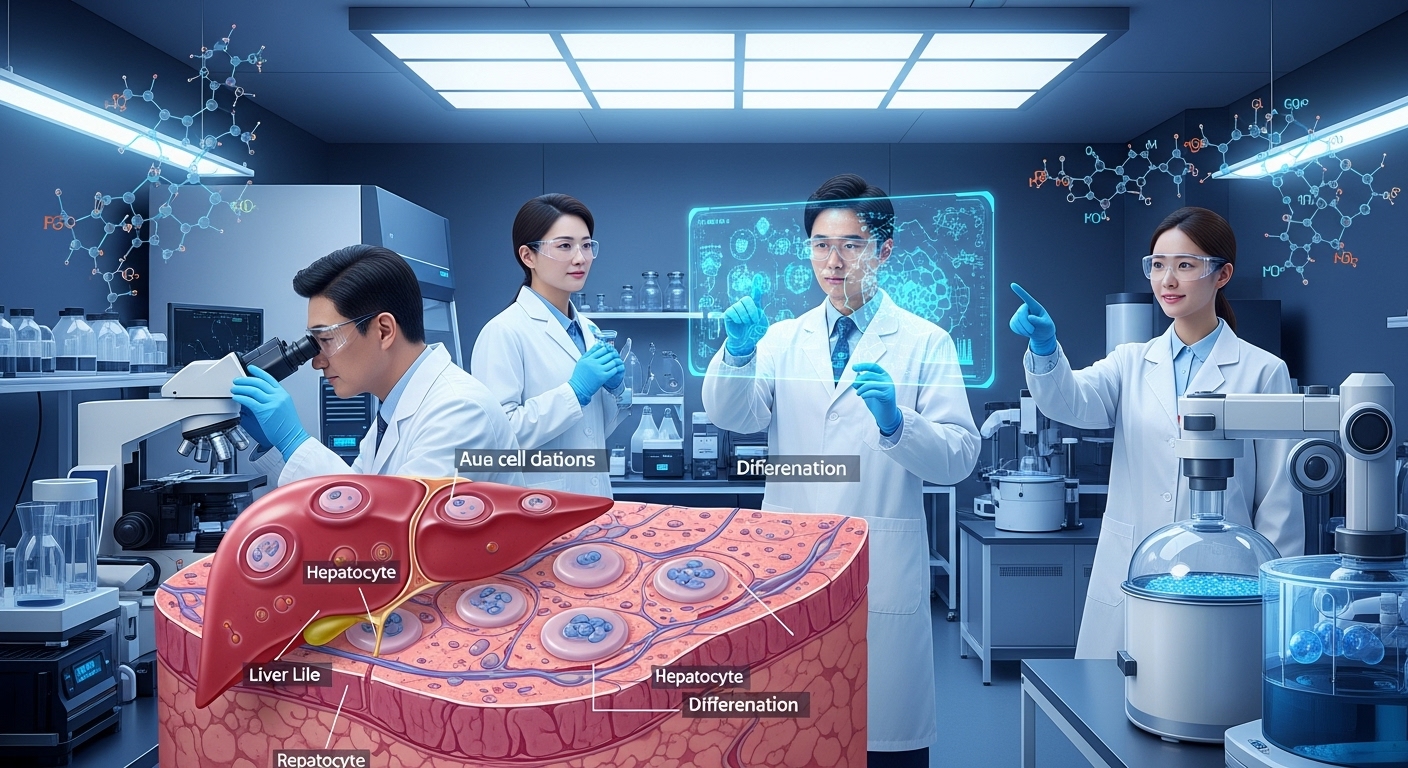 첨단 실험실에서 간세포 재생을 관찰하는 과학자들