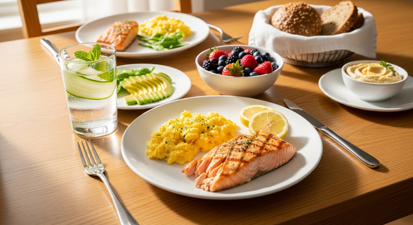 술을 피하고 달걀과 생선 같은 양질의 단백질 섭취 장면