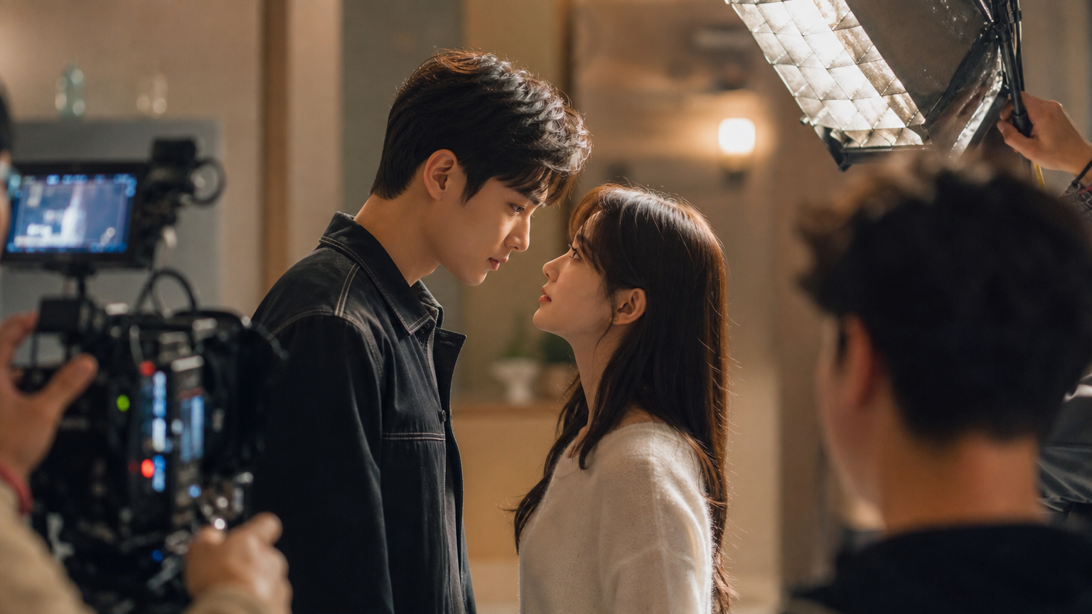 로맨틱 장면을 연습 중인 두 배우와 촬영 현장의 모습