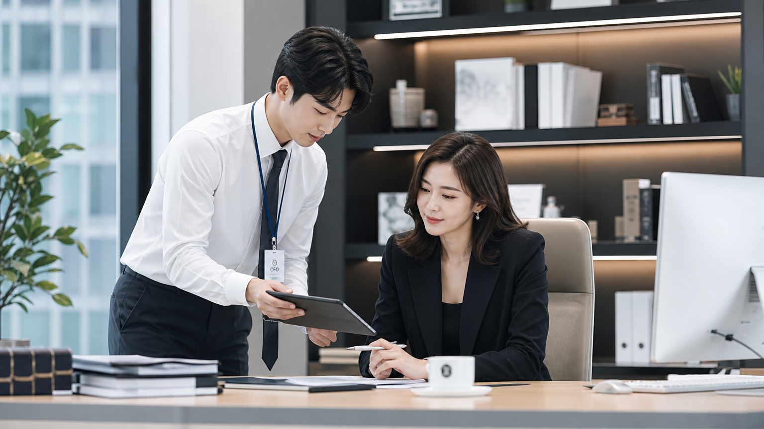 현대적인 사무실에서 여성 CEO와 남성 비서가 함께 일하는 장면