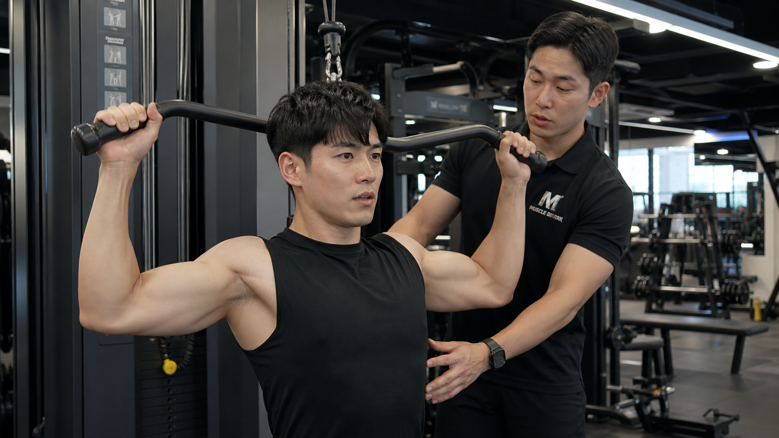 현대적인 헬스장에서 개인 트레이너와 함께 체계적으로 운동하는 모습