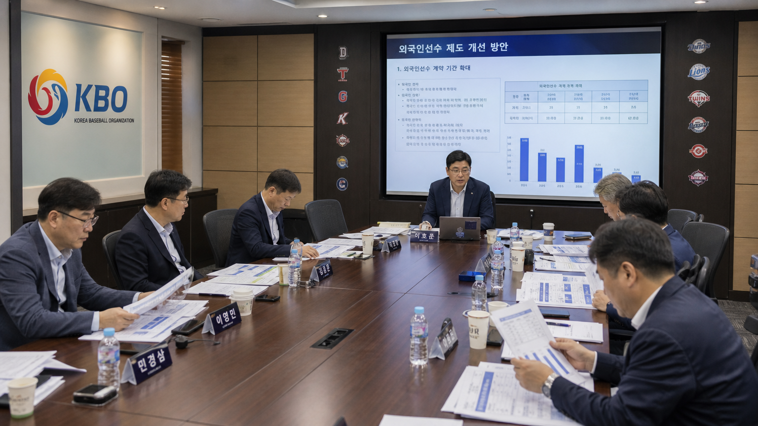 한국 야구 관계자들이 외국인 선수 계약 규정 변경에 대해 논의하는 회의실 장면