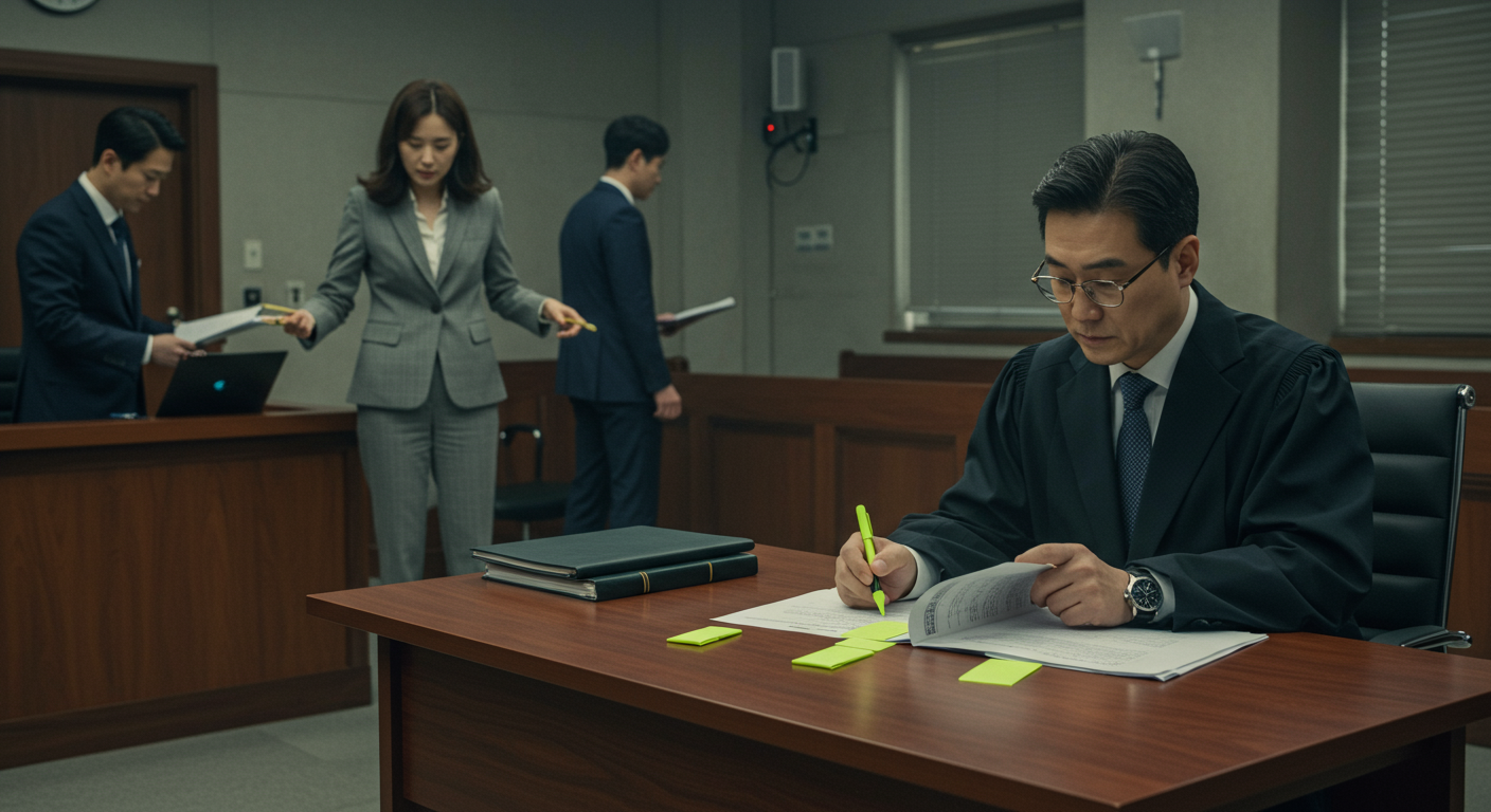 한국 법정에서 판사가 서류를 검토하고 변호사들이 논의하는 장면