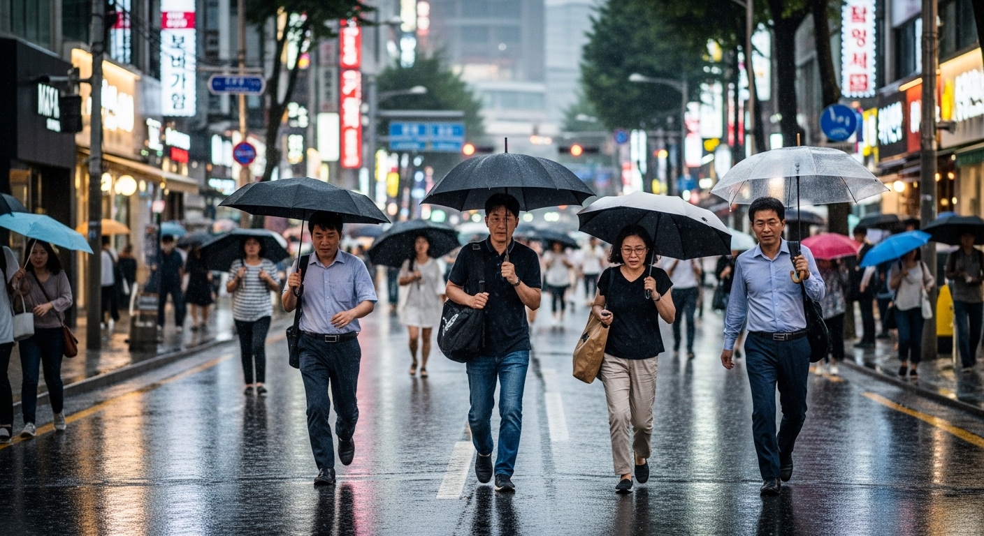 서울 거리에서 다양한 사람들이 걸으며 스트레스와 불안을 느끼는 모습