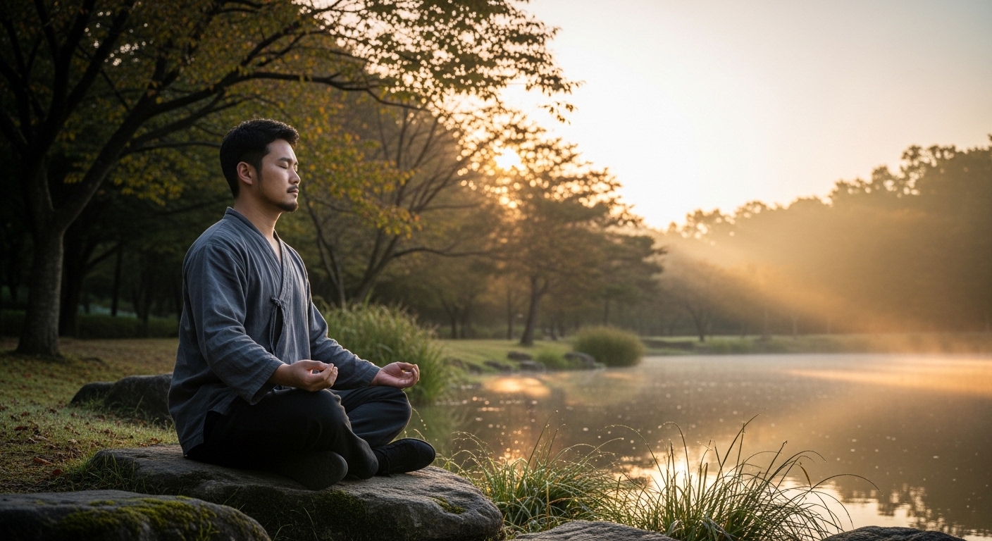 공원에서 아침 햇살을 받으며 명상을 하는 남성의 평온한 모습