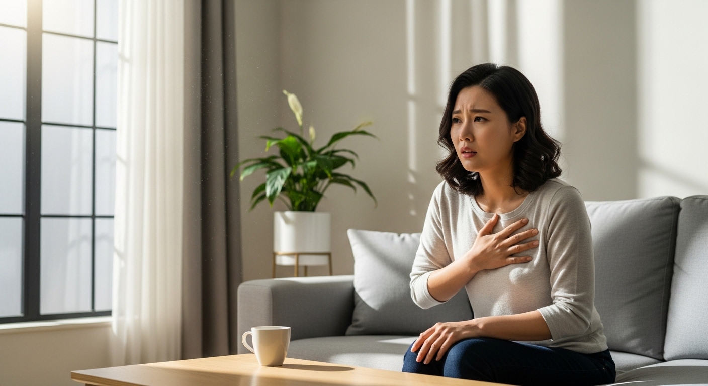 현대적인 거실에서 가슴을 움켜잡고 걱정스러운 표정을 짓는 여성