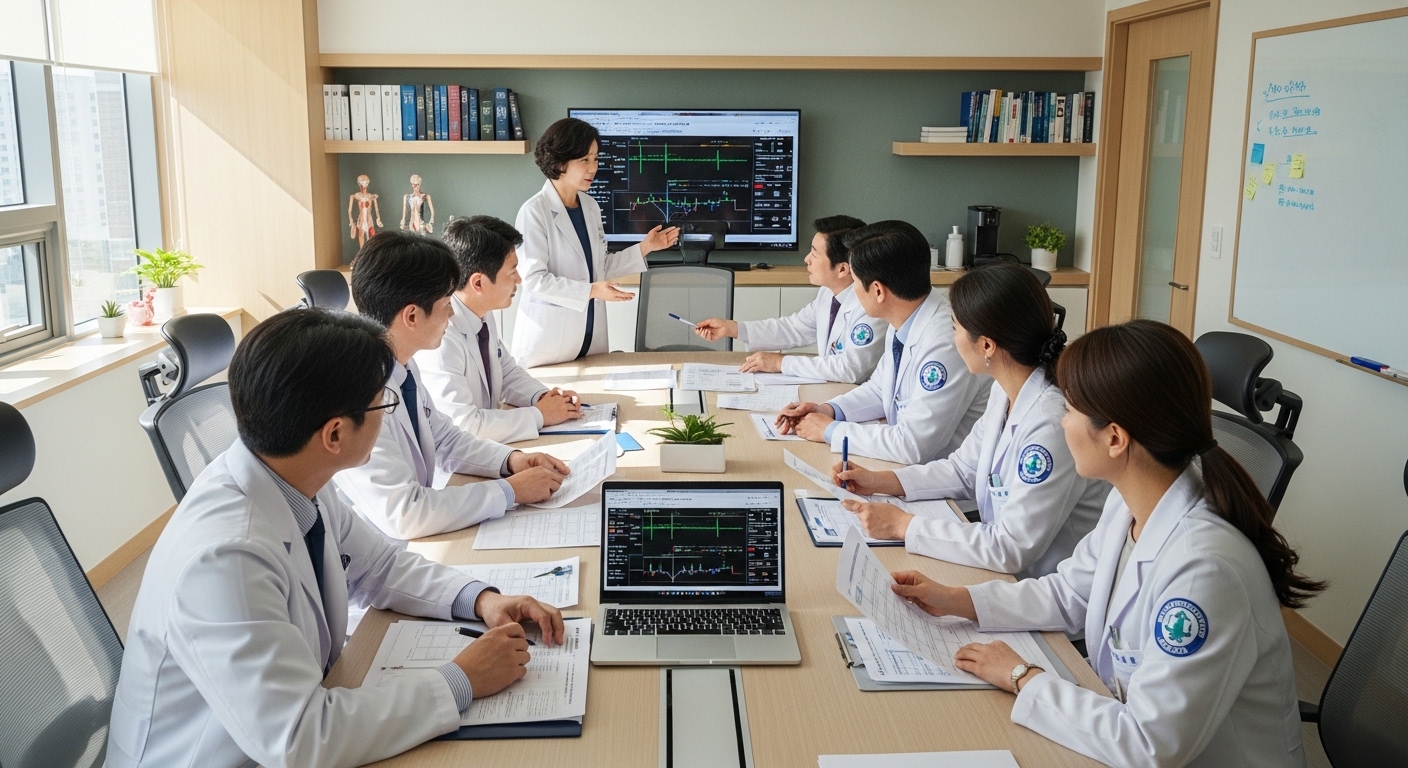 병원 회의실에서 의료 차트를 논의하는 의사들