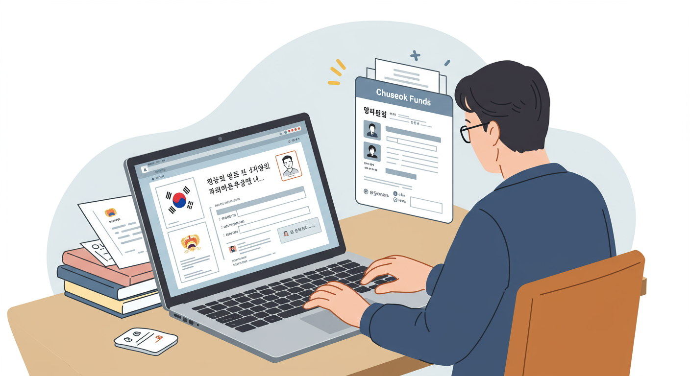 사람이 노트북을 사용하여 정부 웹사이트에서 온라인으로 추석 지원금을 신청하는 모습