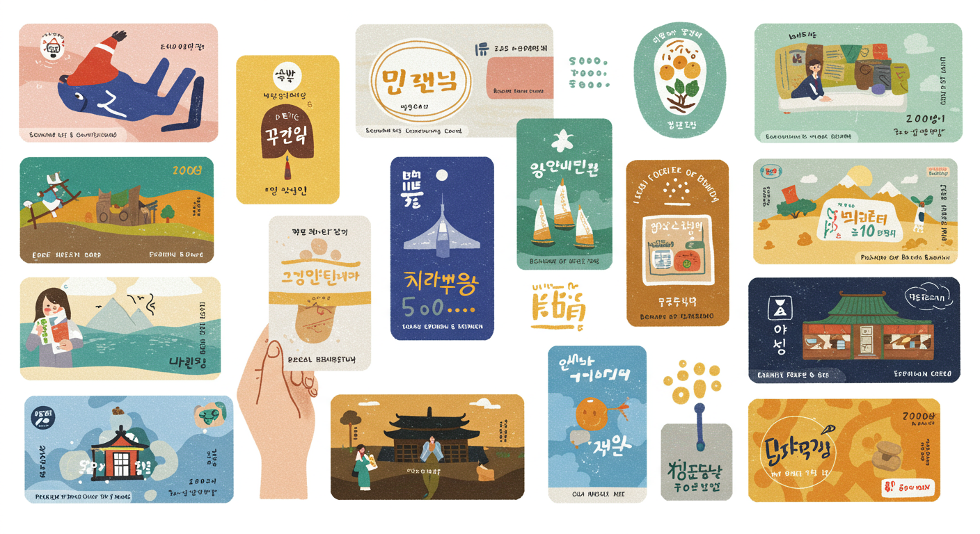 지역 상점에서 사용 가능한 여러 종류의 지역 사랑 상품권과 선불카드 그림