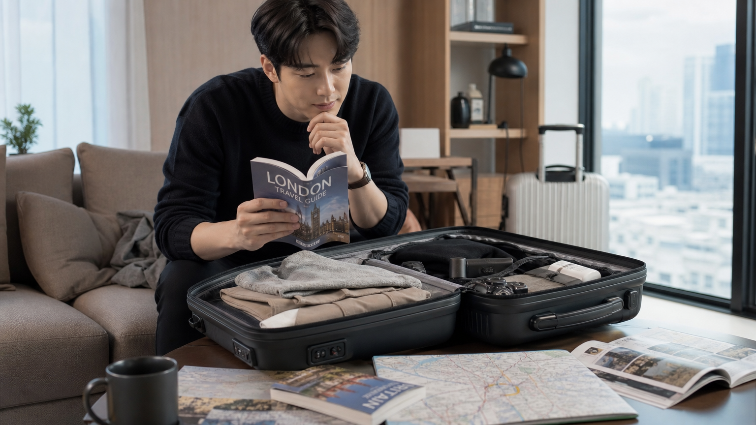 현대적인 한국 여행자가 세련된 아파트에서 여행 가방을 꾸리는 모습