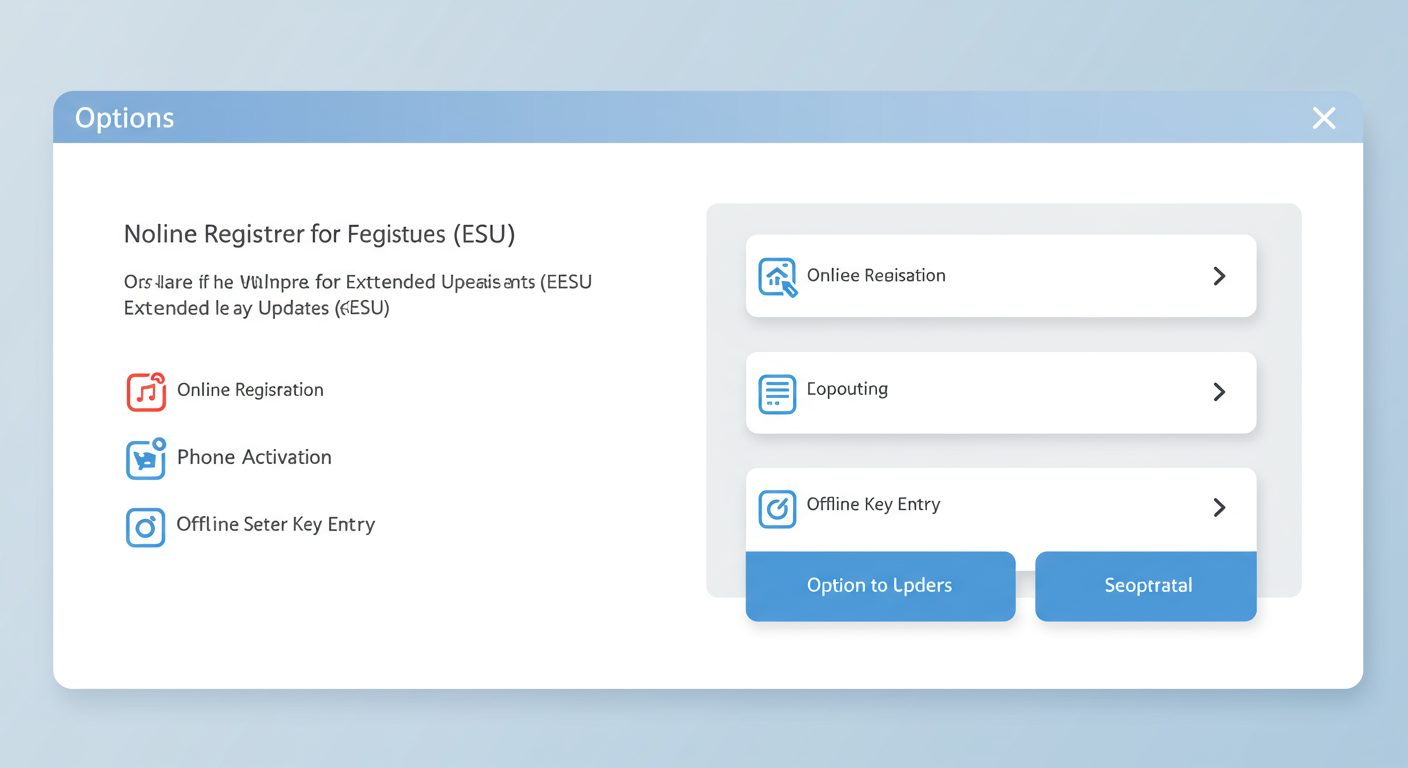 윈도우 10 ESU의 다양한 등록 옵션을 보여주는 디지털 인터페이스