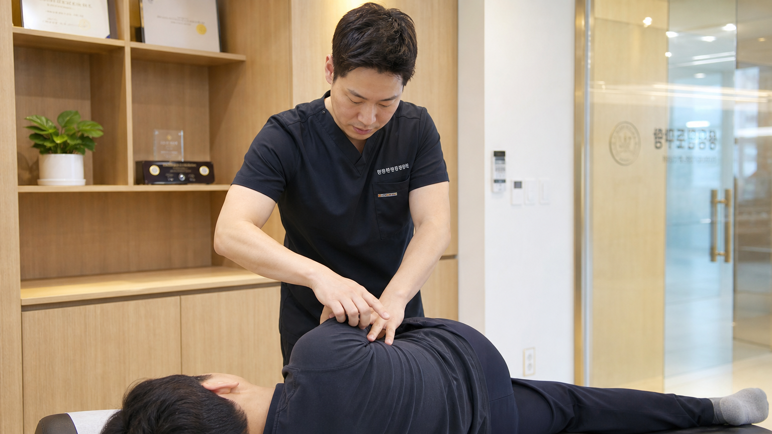 현대식 클리닉에서 추나요법을 시행 중인 한국 한의사의 모습