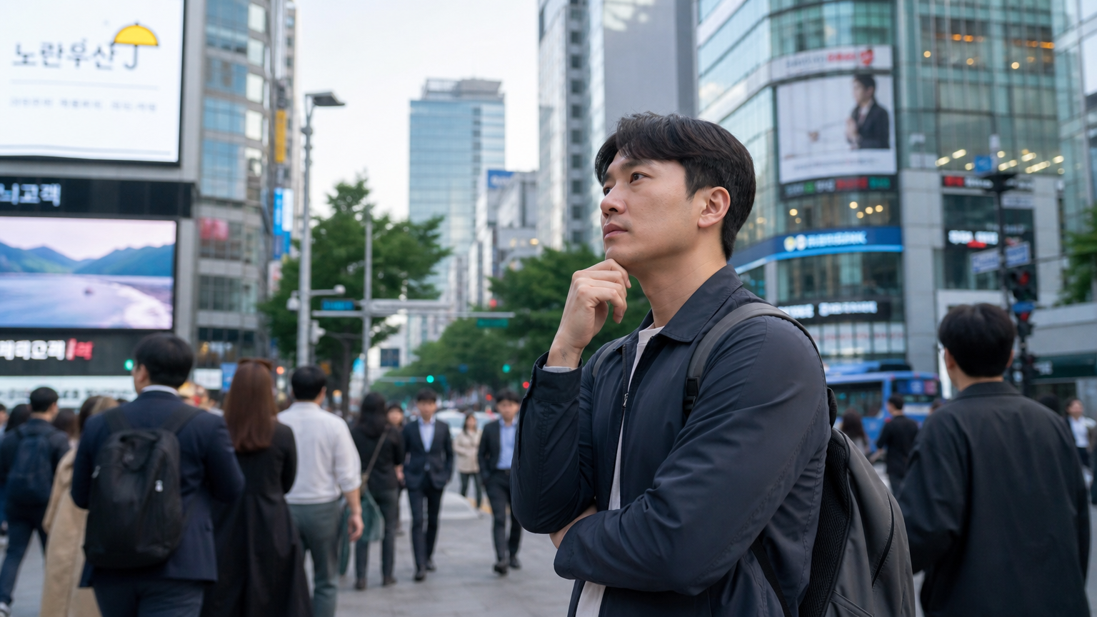 바쁜 도시 속에서 자신의 건강을 생각하는 한국 남성의 모습
