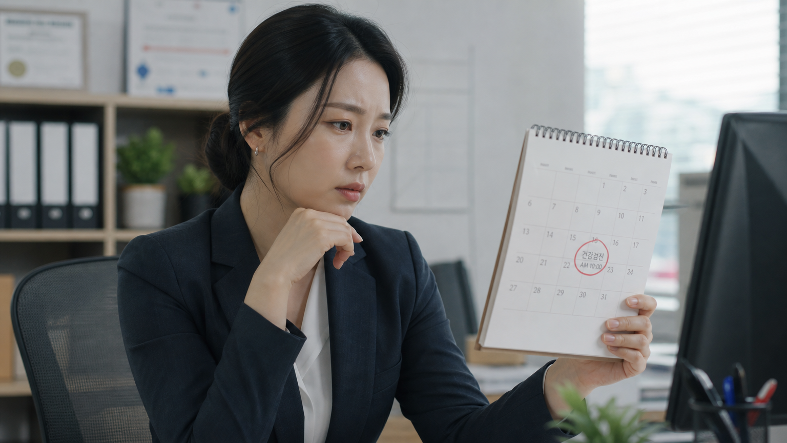 사무실에서 건강검진 일정을 확인하는 여성의 모습