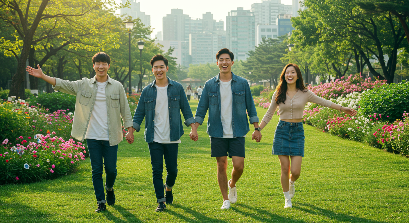 도심 공원에서 함께 손을 잡고 있는 현대 한국 친구들 모습, 유대와 상호 지원 상징