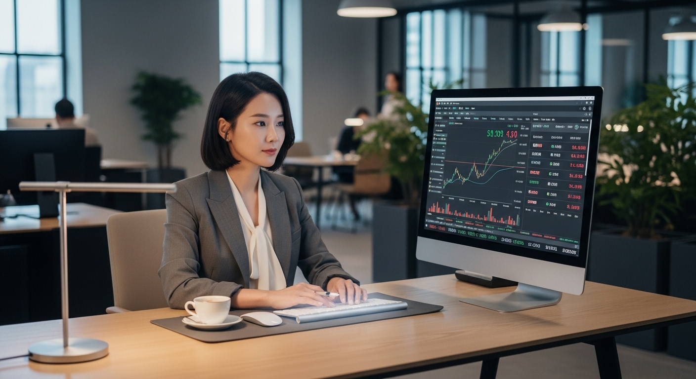 현대 사무실에서 컴퓨터로 환율을 확인하는 직장인의 모습