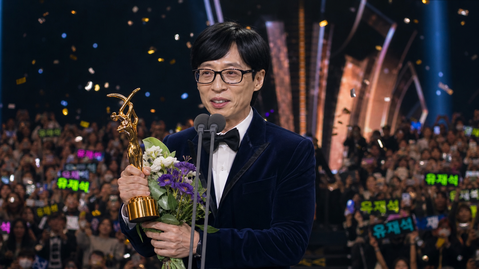 유재석이 수상 무대에서 팬들의 환호를 받으며 상을 받는 장면