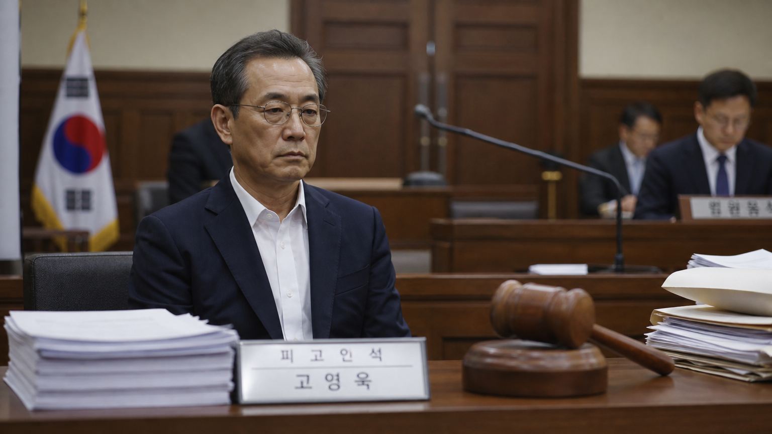 법정에서 피고인 자리 앉아 있는 고영욱과 법률 문서 및 판사의 망치