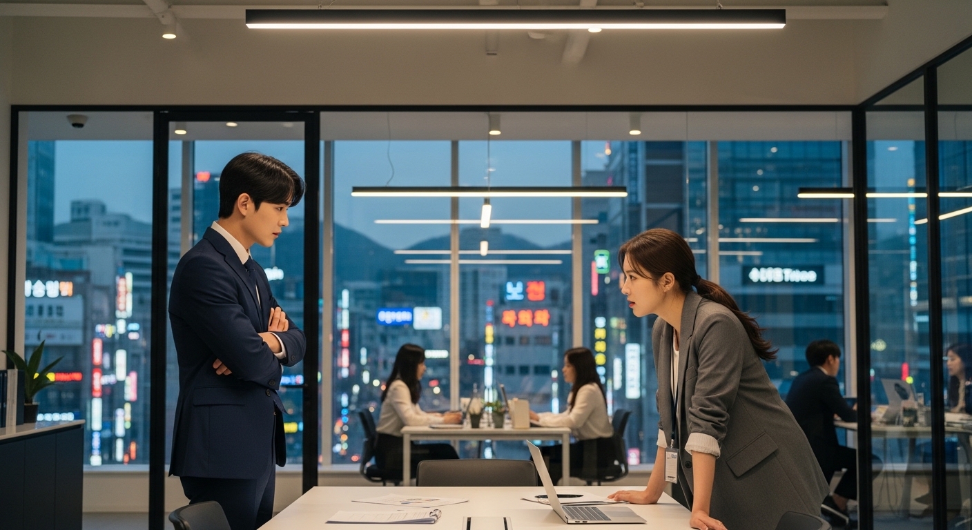 현대적인 한국 사무실에서 동료 남녀 간의 긴장감 있는 대화 장면