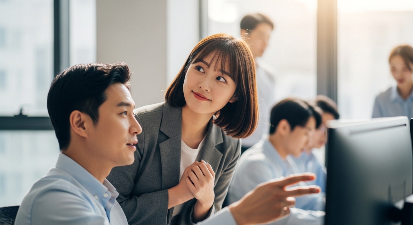 회사 환경에서 팀 리더에게 호감을 보이는 한국 여성 인턴