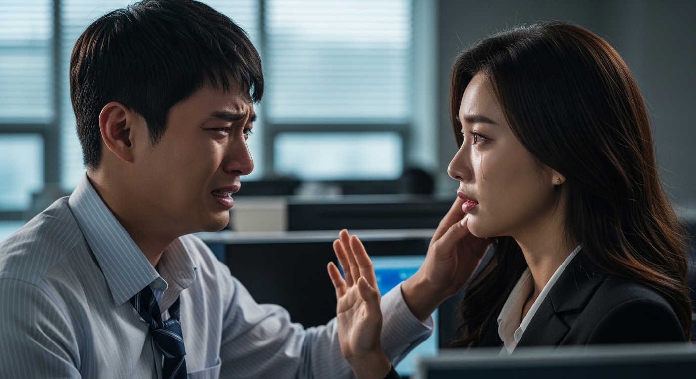 사무실 환경에서 서로에게 개인적인 감정을 드러내는 한국 남녀 간의 강렬한 순간