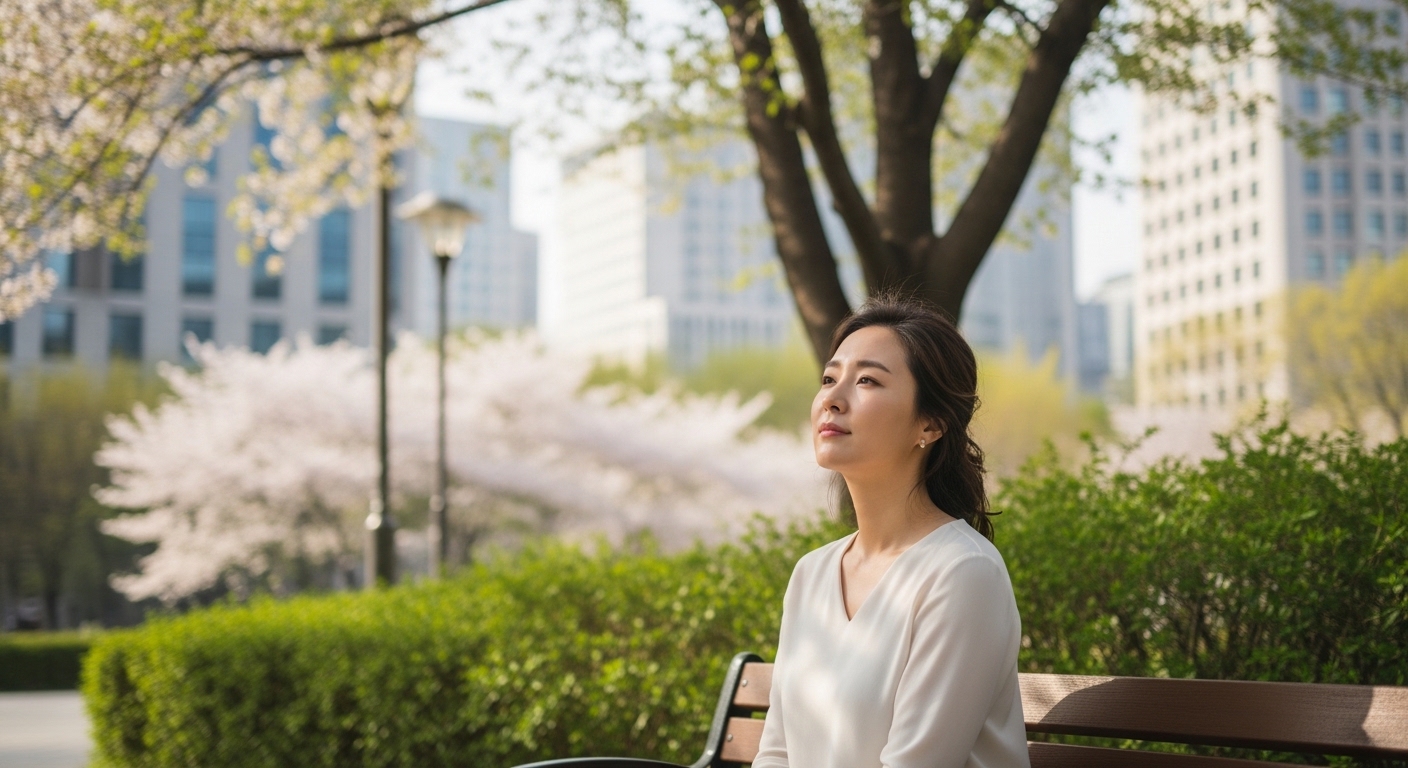 도시 공원에서 자신의 성장과 행복을 되새기는 한국 여성