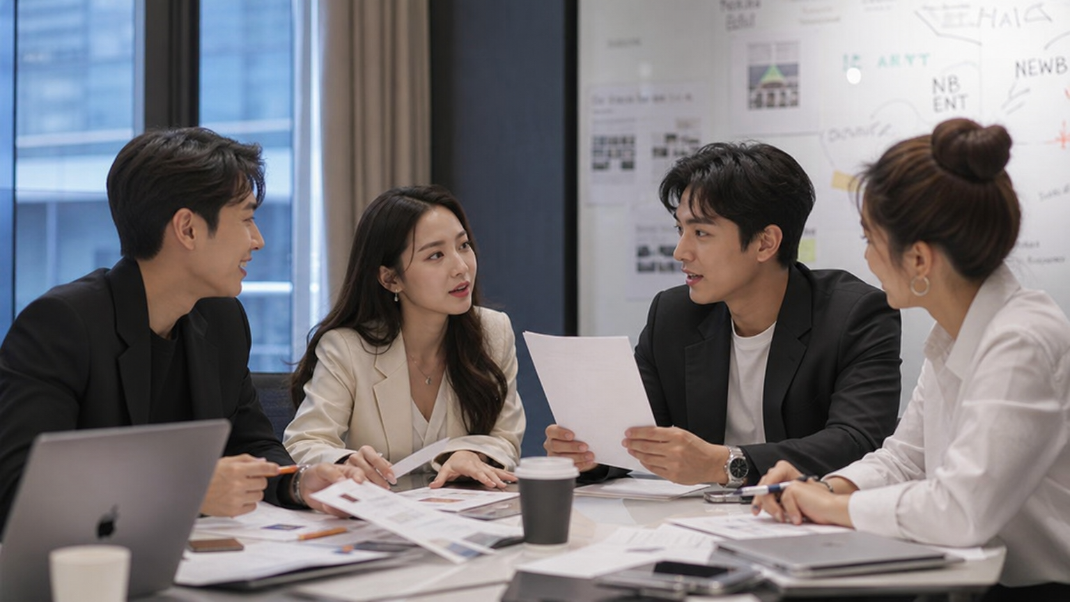 현대적인 회의실에서 새로운 기획사 계획을 논의하는 한국 배우들