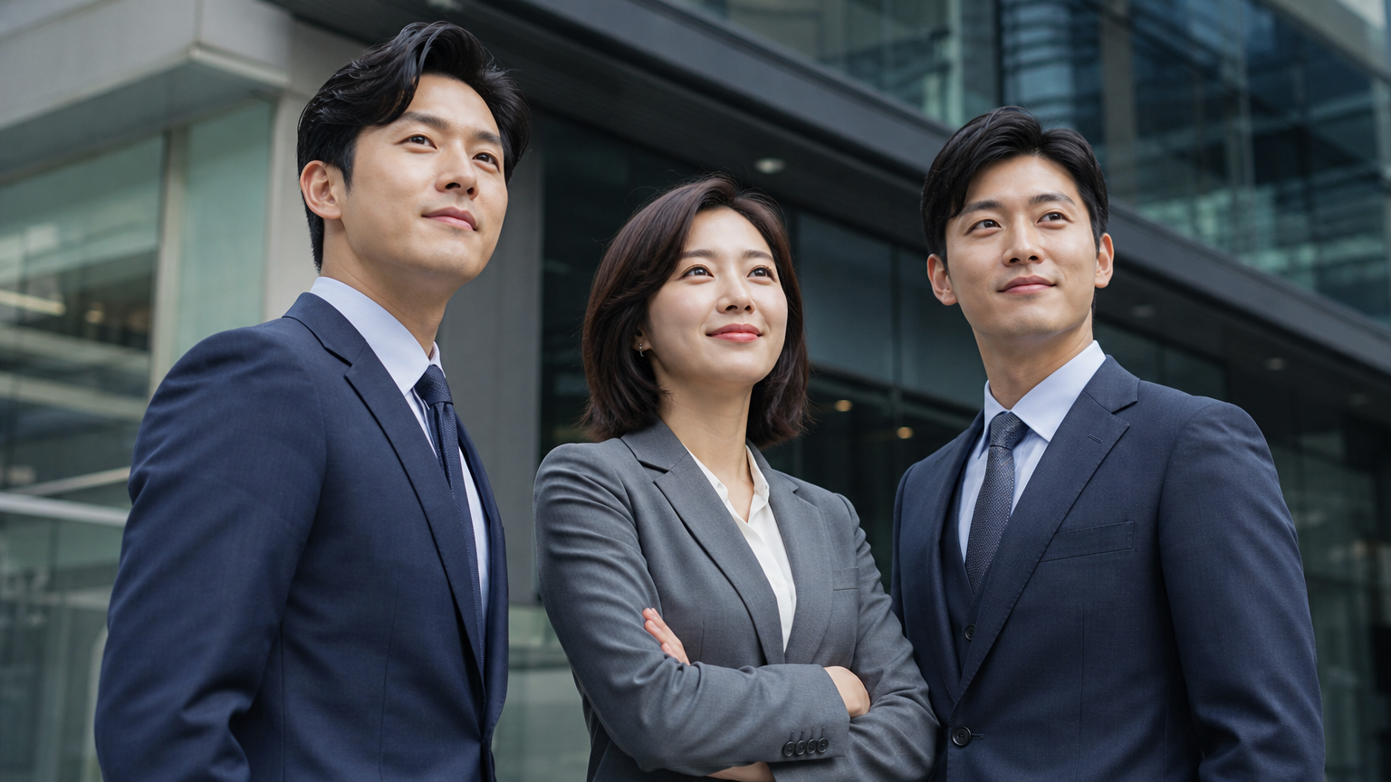 현대 사무실 건물 앞에서 변화와 도전을 맞이하는 세 명의 한국 배우들