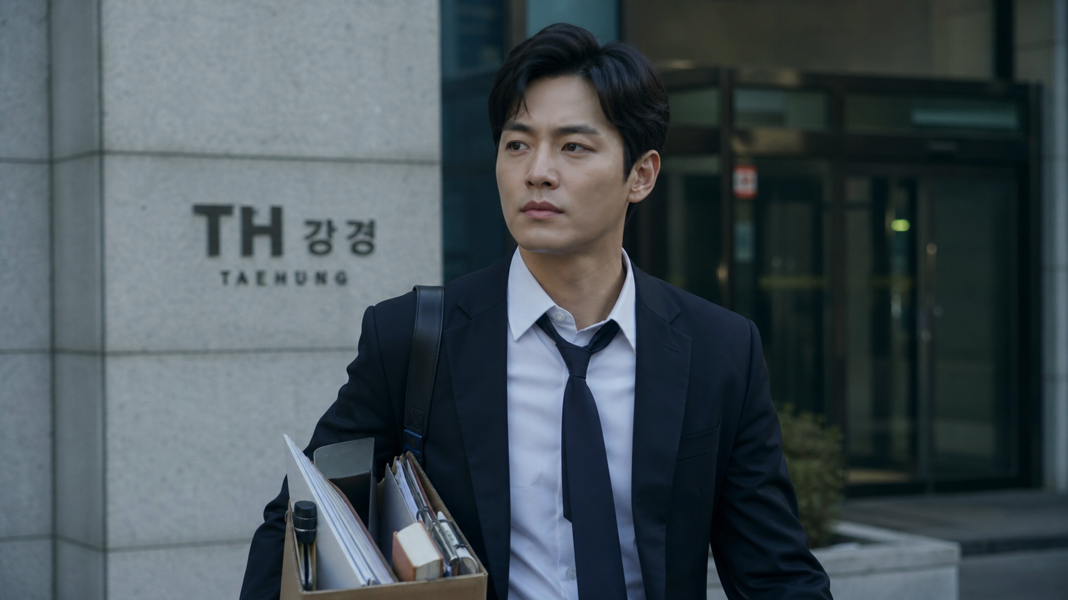 옛 회사 건물을 떠나며 결단력 있는 표정을 짓는 한국 배우