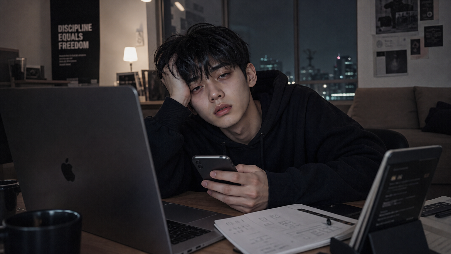 젊은 남성이 스마트폰과 노트북에 둘러싸여 피곤해 보이는 모습