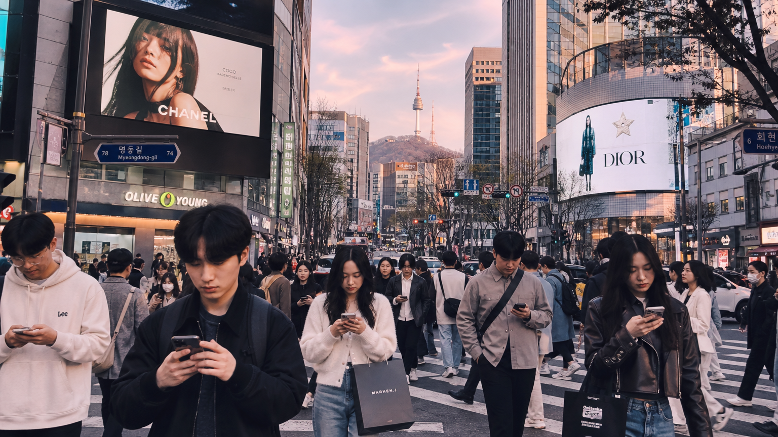 서울 거리에서 사람들이 스마트폰을 들고 걷는 장면