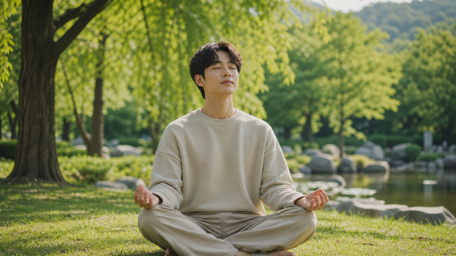 공원에서 명상하며 디지털 웰빙을 실천하는 사람의 모습