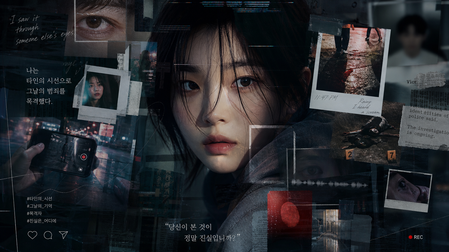 타인의 눈을 통해 범죄를 목격하는 주인공과 조각난 이미지들