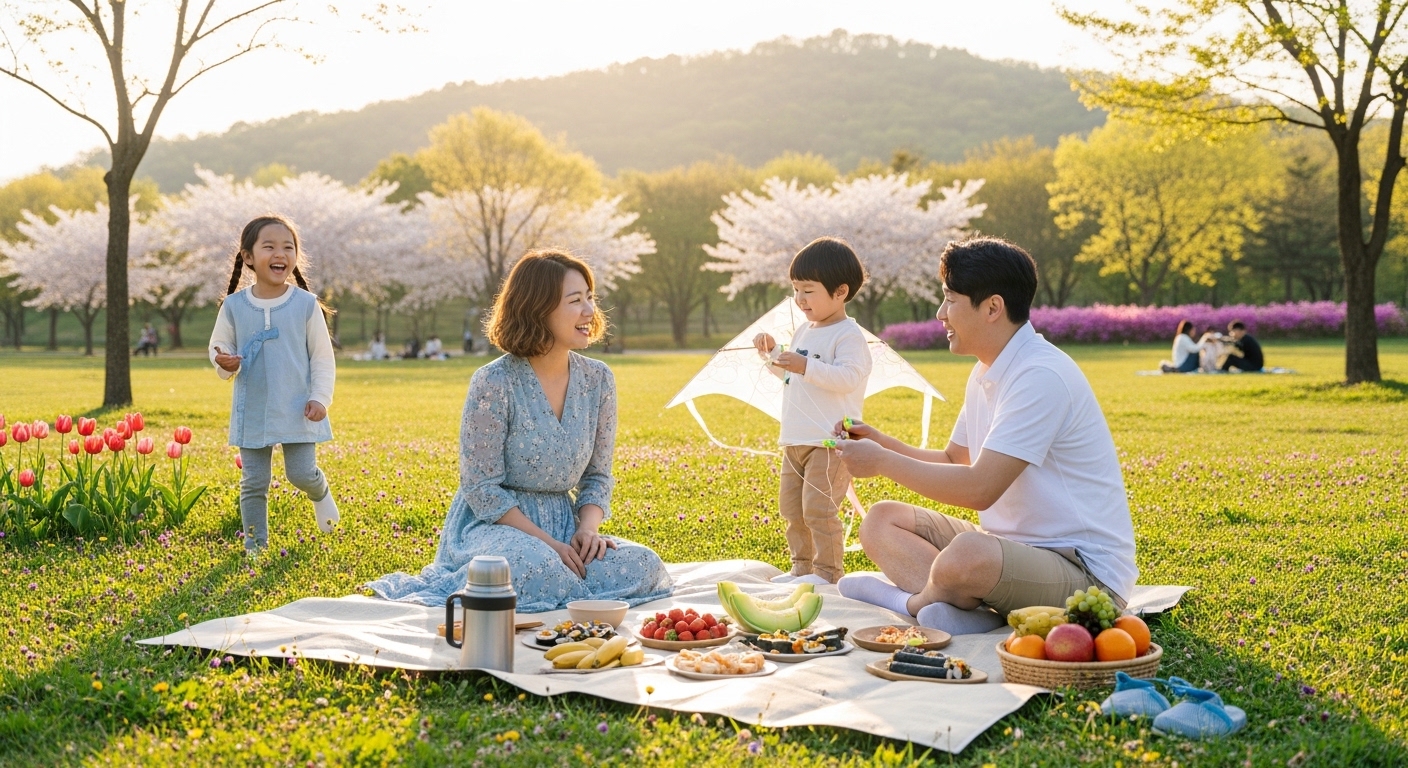 화창한 봄날 공원에서 피크닉을 즐기는 한국의 가족