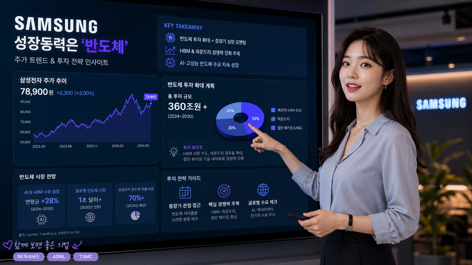 한국 비즈니스 애널리스트가 삼성 주식과 반도체 투자 관련 인포그래픽을 설명하는 모습