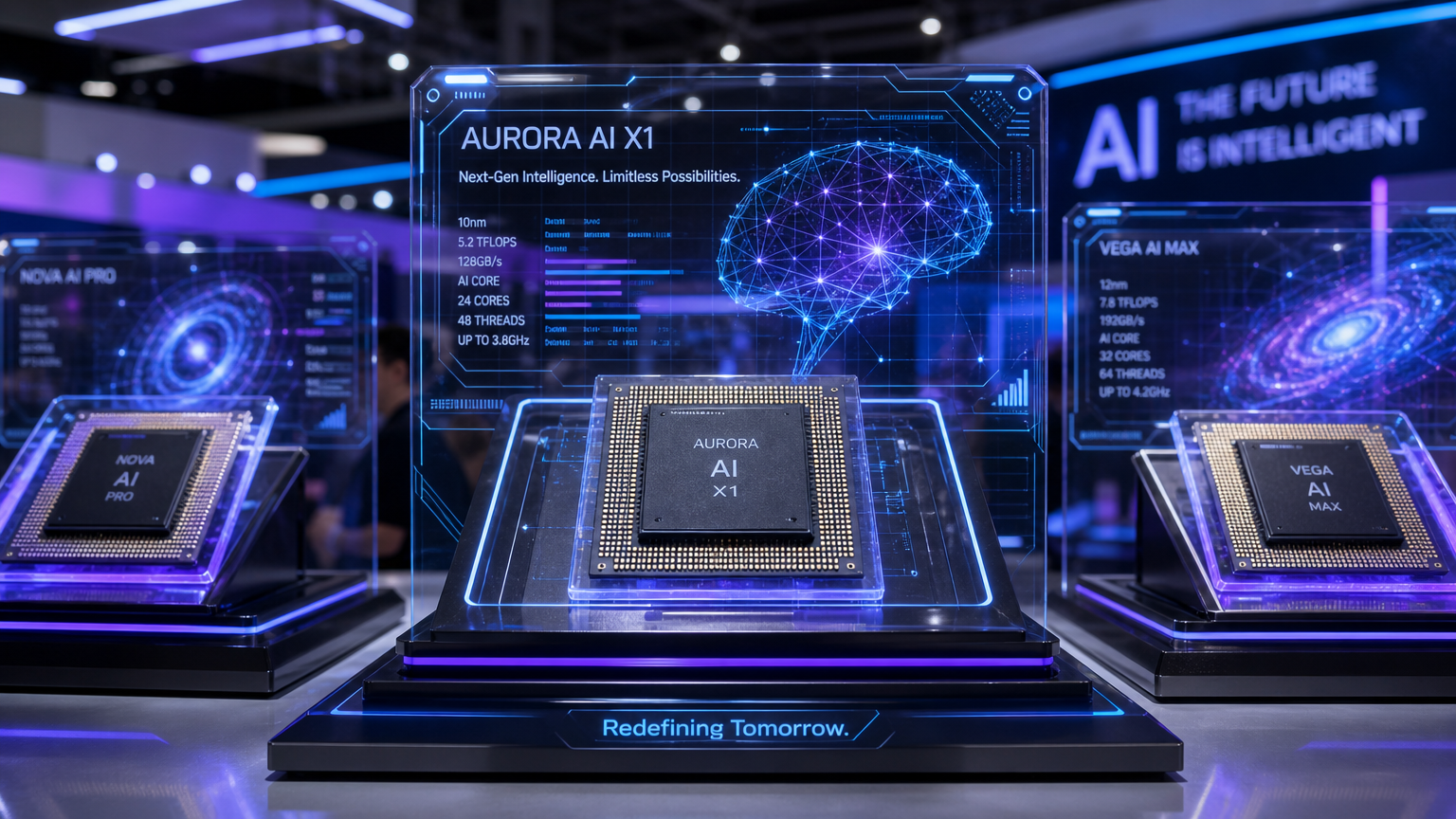 미래형 기술 전시회에서 홀로그램 인터페이스와 함께 전시된 첨단 AI 칩 프로토타입