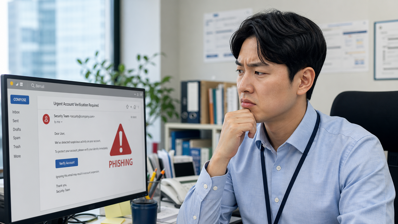 사무실에서 이메일을 확인하며 피싱 경고가 표시된 컴퓨터 화면을 보는 직장인