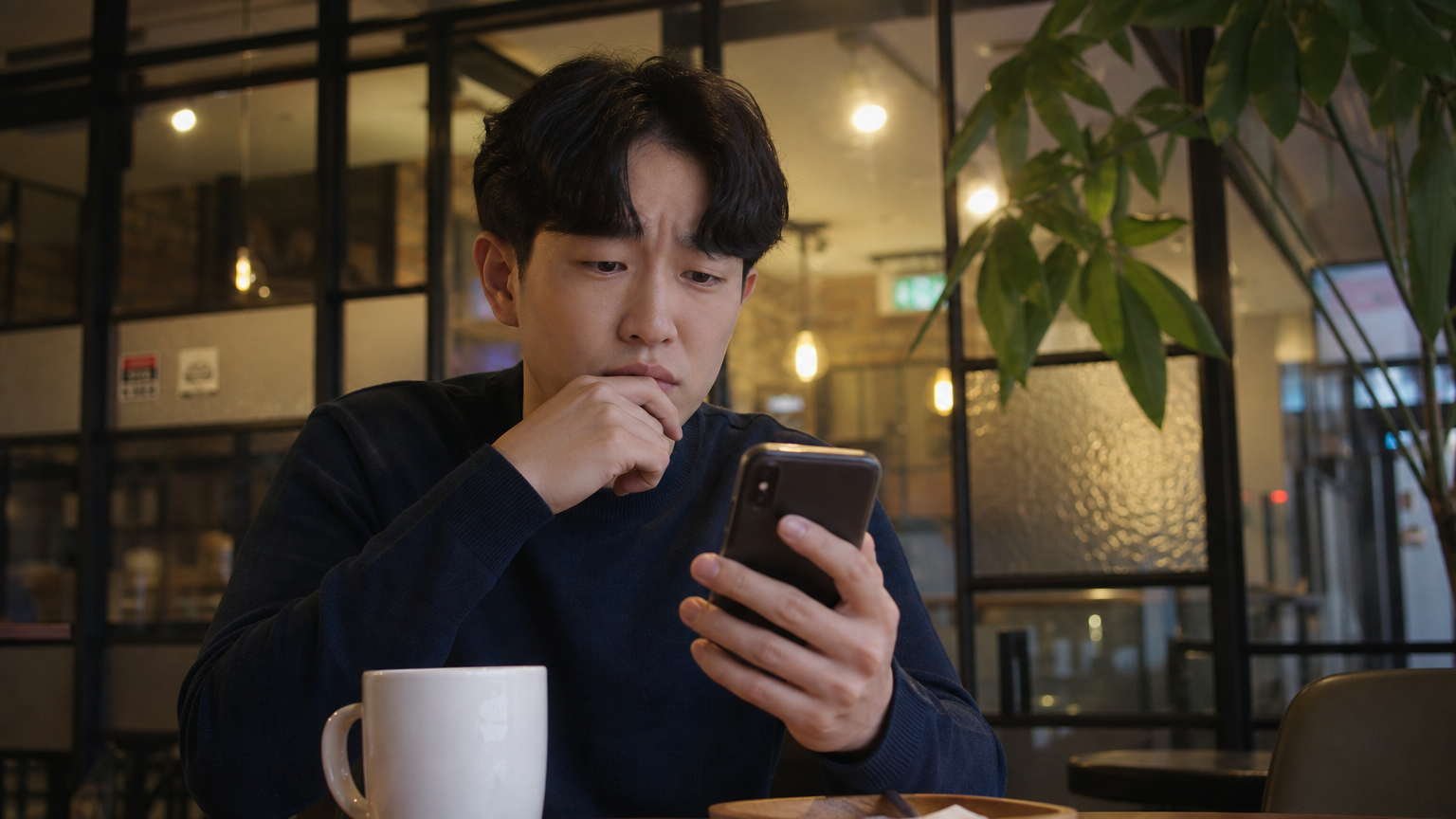 카페에서 스마트폰으로 이메일 첨부파일을 열기 전 망설이는 남성