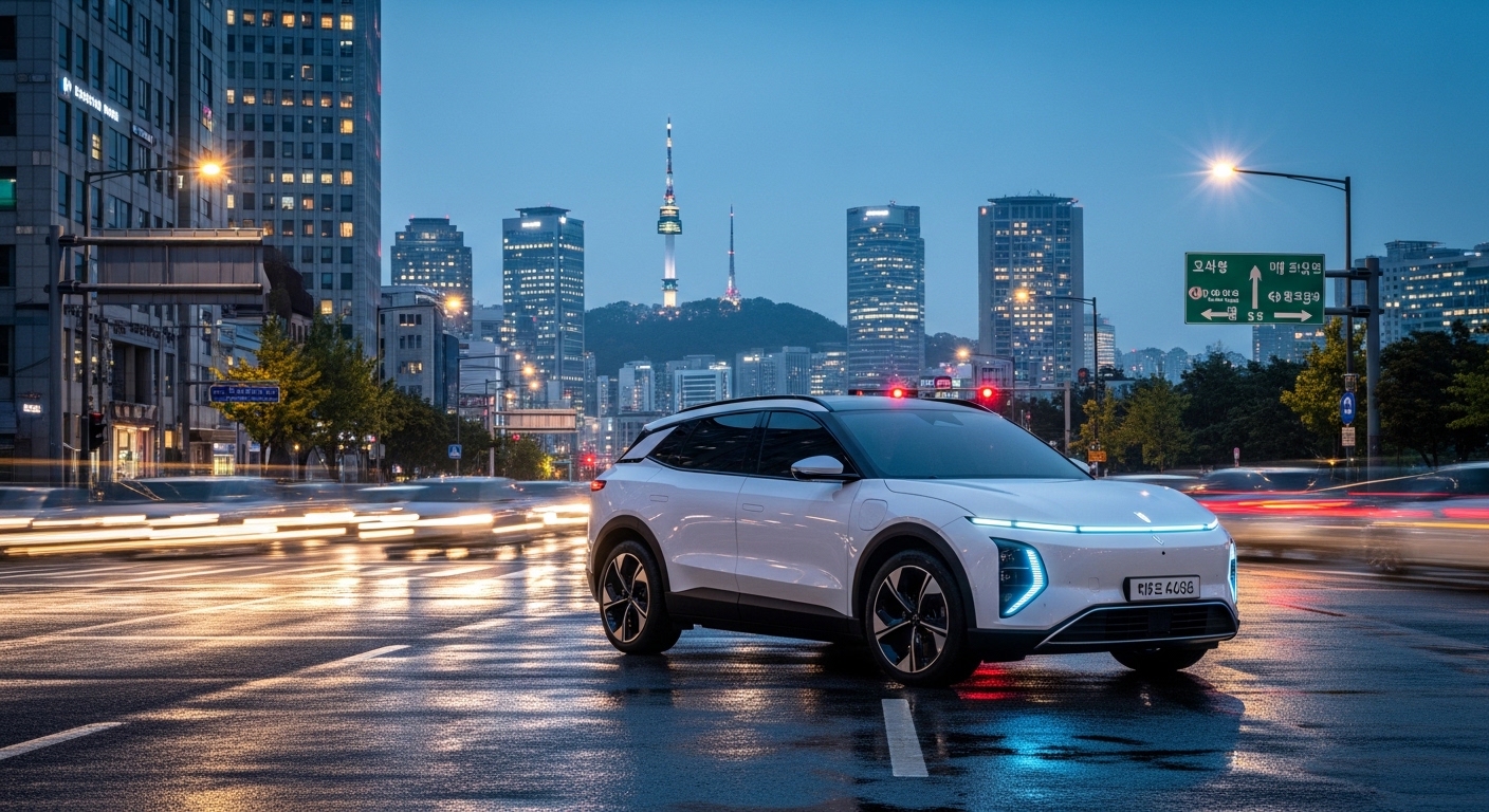 현대적인 도시 배경 속 미래형 디자인의 전기 SUV