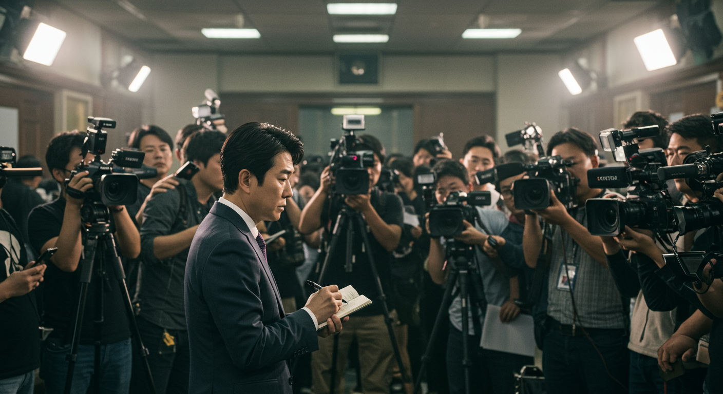 긴장감이 감도는 기자회견장에서 카메라와 마이크로 둘러싸인 한국 기자의 모습